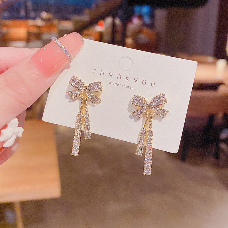 Anting Tusuk Gantung Sterling silver 925 Desain Pita + Rumbai Hias Berlian Untuk Wanita