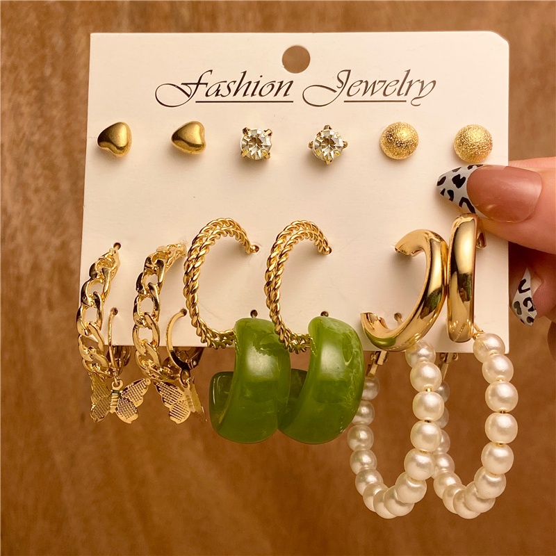 Set Anting Giwang Model Kupu-Kupu Dengan Mutiara + Rumbai Warna Gold Untuk Wanita