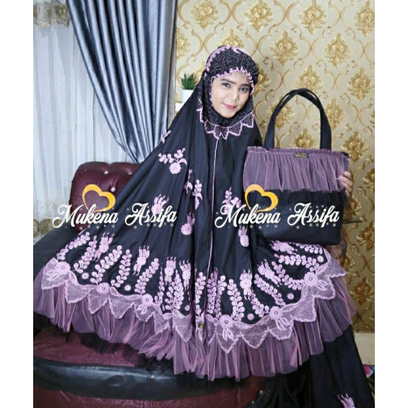 Mukena mewah bordir bukittinggi renda tille hitam pink