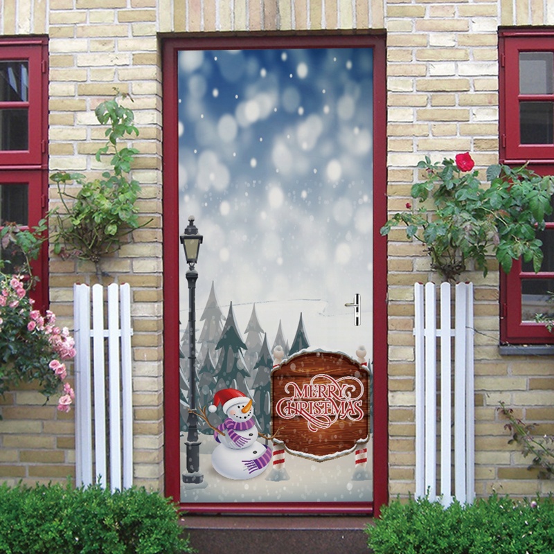 Zzz 2pcs / set Stiker Dinding / Pintu / Kulkas Anti Air Motif Snowman / Pohon Natal