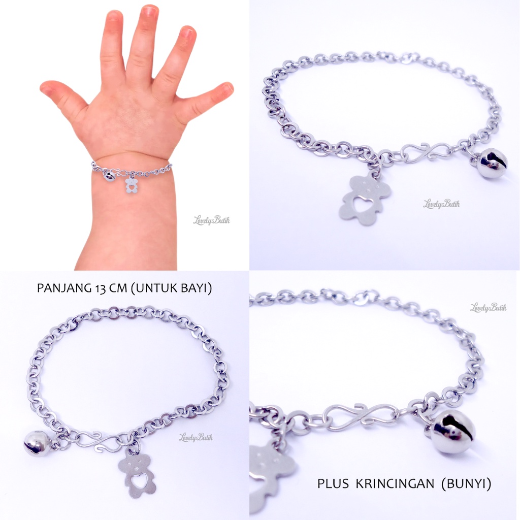 Lovelybutik Gelang Tangan Gelang Kaki Bayi Monel Kerincing Baby 0-2 Tahun Bear Kecil Krincingan Baja Putih Stainless Steel