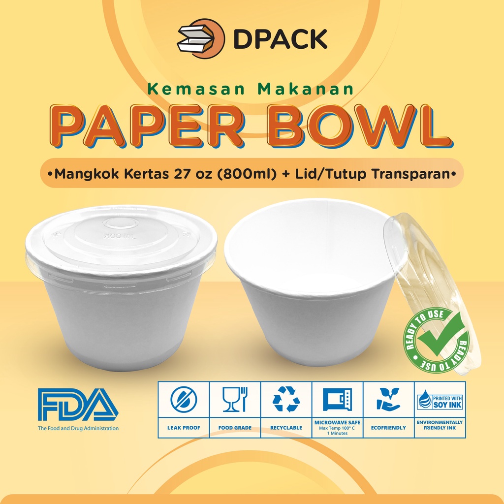 Paper Bowl / Mankok Kertas 27 Oz (800ml) + Lid / Tutup Transparan