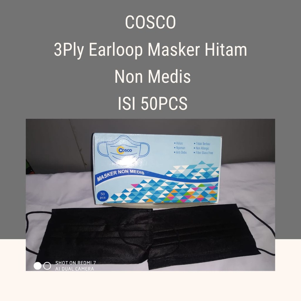 Masker Hitam Earloop Cosco / Masker 3Ply Warna Hitam / Masker Hitam Cosco Non Medis 3Ply
