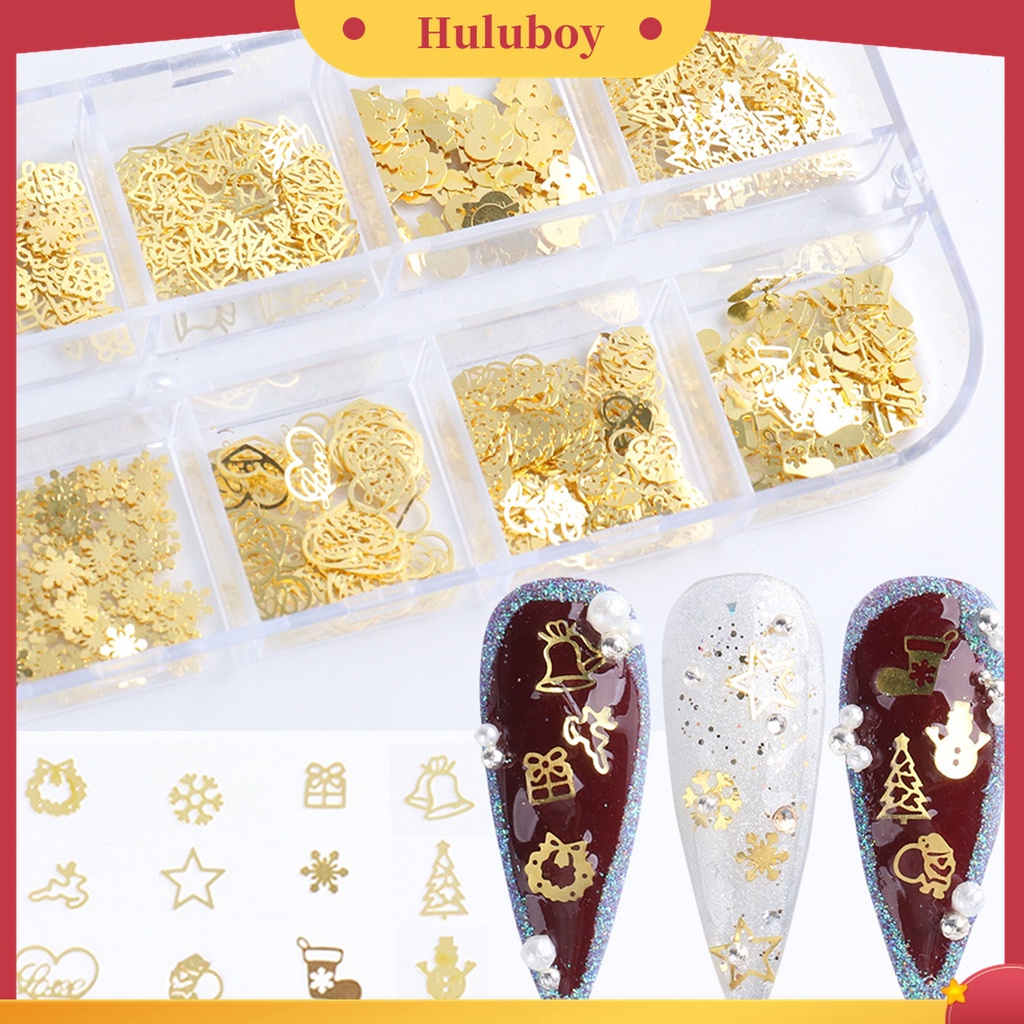 Huluboy Huluboy♡ 1 Kotak Dekorasi Nail Art Bentuk Rusa / Manusia Salju / Snowflake Bahan Metal Warna Emas