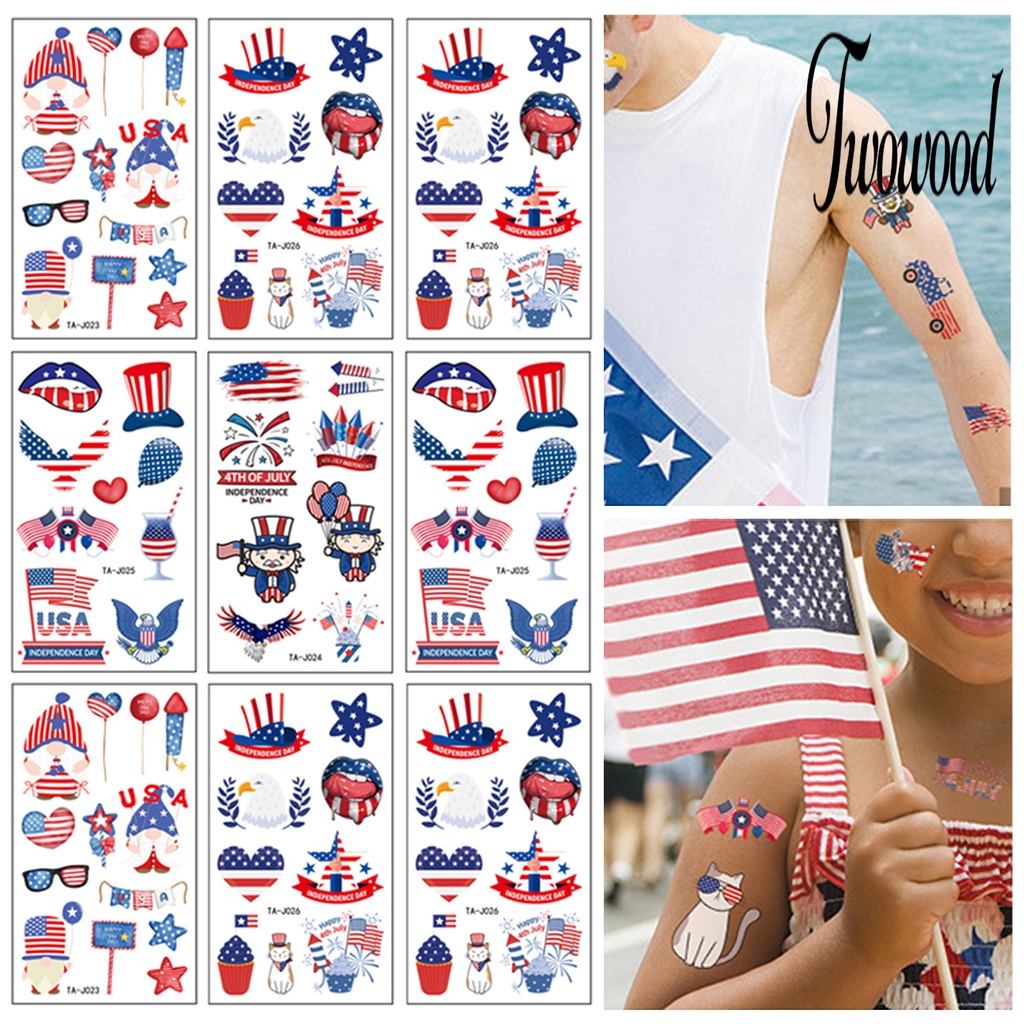 Twowood 10 Lembar Stiker Tattoo Temporer Motif Bendera Amerika Anti Air Untuk Body Art