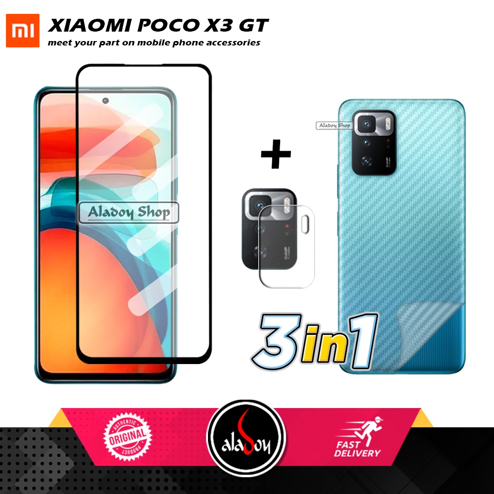 PAKET 3 IN 1 Tempered Glass Layar Xiaomi Poco X3 GT Free Tempered Glass Camera dan Skin Carbon