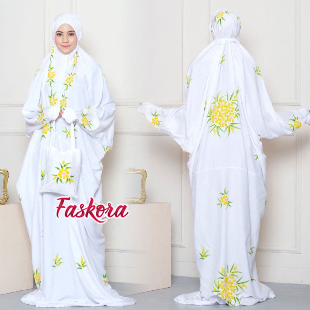 Mukena Dewasa Terusan Jumbo Putih Bali Polos Rayon Premium Lukis Bunga Mukenah Terusan Putih Motif