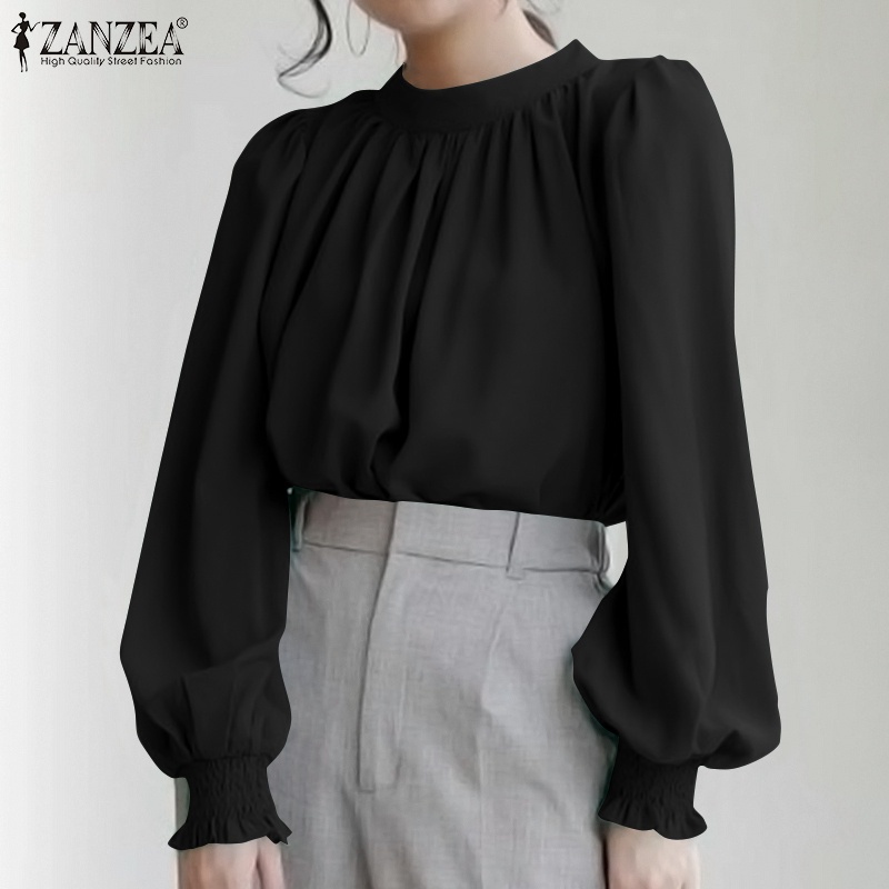 ZANZEA Women Fashion Casual Solid Color Puff Sleeve O Neck Smocking Retro Blouse