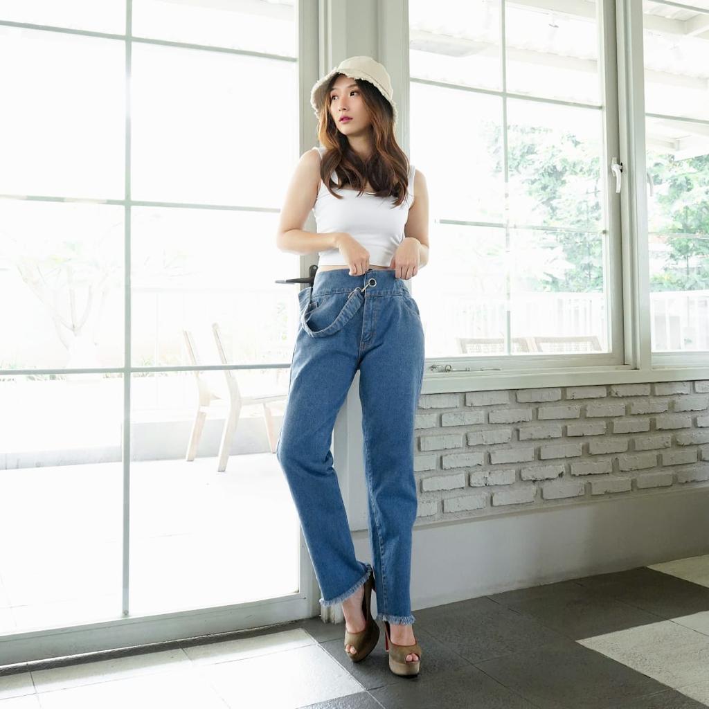 HOPYLOVY Celana Panjang Jeans Boyfriend Wanita Highwaist Jeans Rawis Barika Side Belt