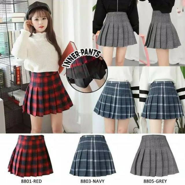 Rok Mekar Mini kotak  kotak  dng celana  Flare skirt plaid 