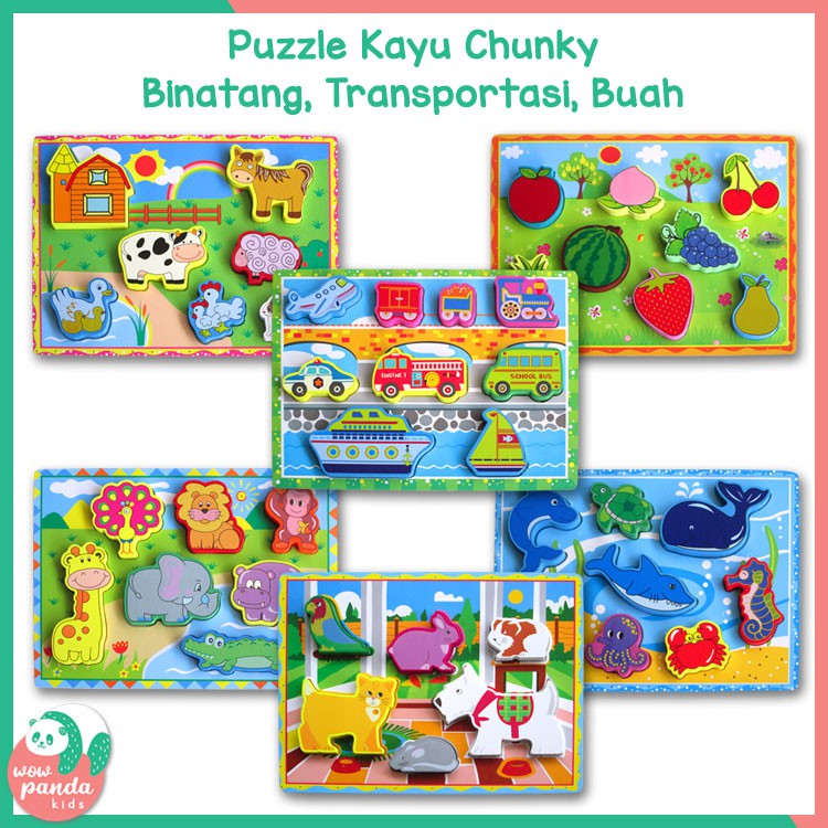 Puzzle Kayu Chunky Binatang, Transportasi, Buah / Puzzle Kayu Knob Binatang (WP)