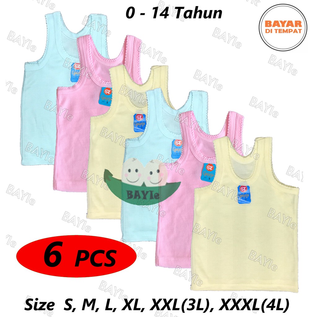 BAYIe - 6 PCS Kaos Dalam/Singlet Bayi/Anak WARNA ORIN/RIANI/GAIXIN umur 0-12 tahun S, M, L, XL,3L,4L