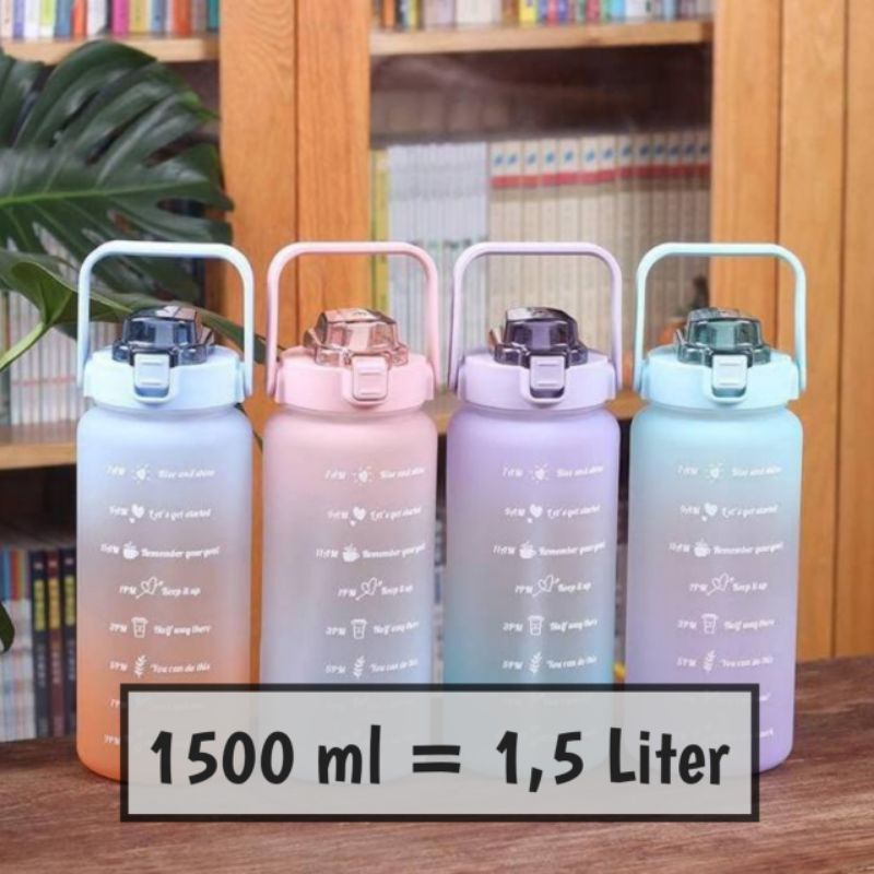Makassar V156 Botol air minum motivasi 2 liter botol viral jumbo pengingat waktu minum gratis sticker unik lucu-1500 ml
