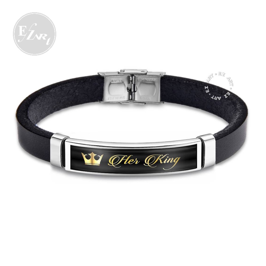 GELANG CUSTOM COUPLE KING QUEEN KULIT PLAT STAINLESS STEEL BISA REQUEST NAMA TULISAN CLASSIC ELEGAN PRIA WANITA