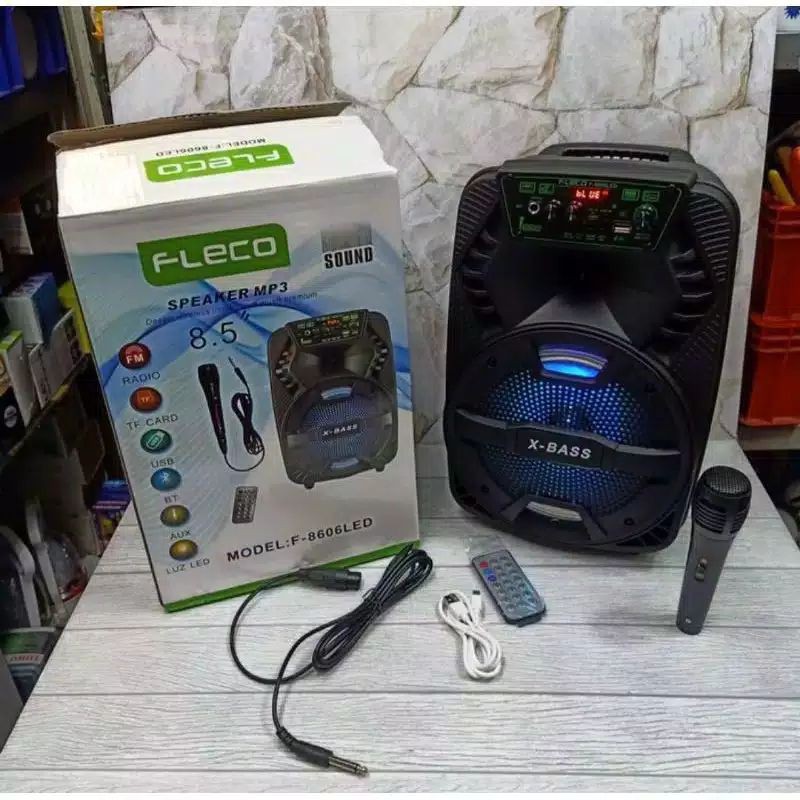 COD✓ SPEAKER BLUETOOTH FLECO 8'5 INCH F-8606 LED FREE MIC KAROKE +  SUARA SUPER BASS