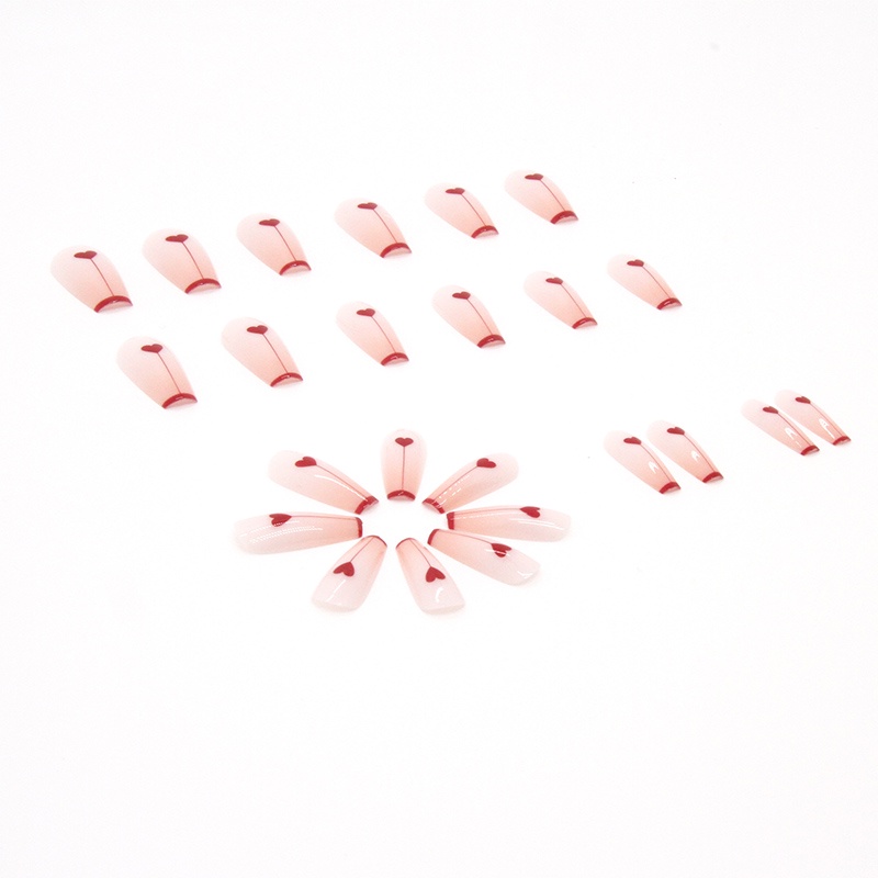 24pcs / Kotak Kuku Palsu Panjang Motif Garis Hati Warna Merah