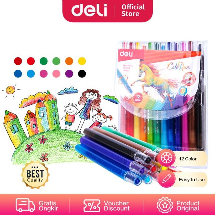 

(COD) Deli Twistable Crayon 12Colors/Krayon Putar 12Warna Anti Kotor EC20403
