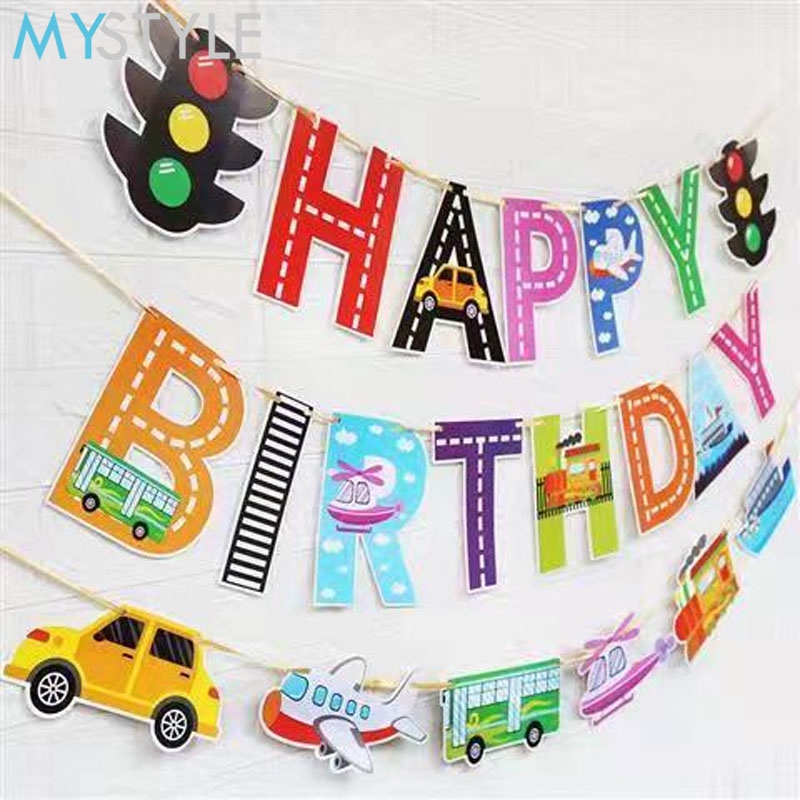 HAPPY TIME BANNER TRAFFIC LIGHTS TRANSPORTASI MOBIL PESAWAT KAPAL KERETA LAMPU MERAH DEKORASI ULANG TAHUN TULISAN HAPPY BIRTHDAY