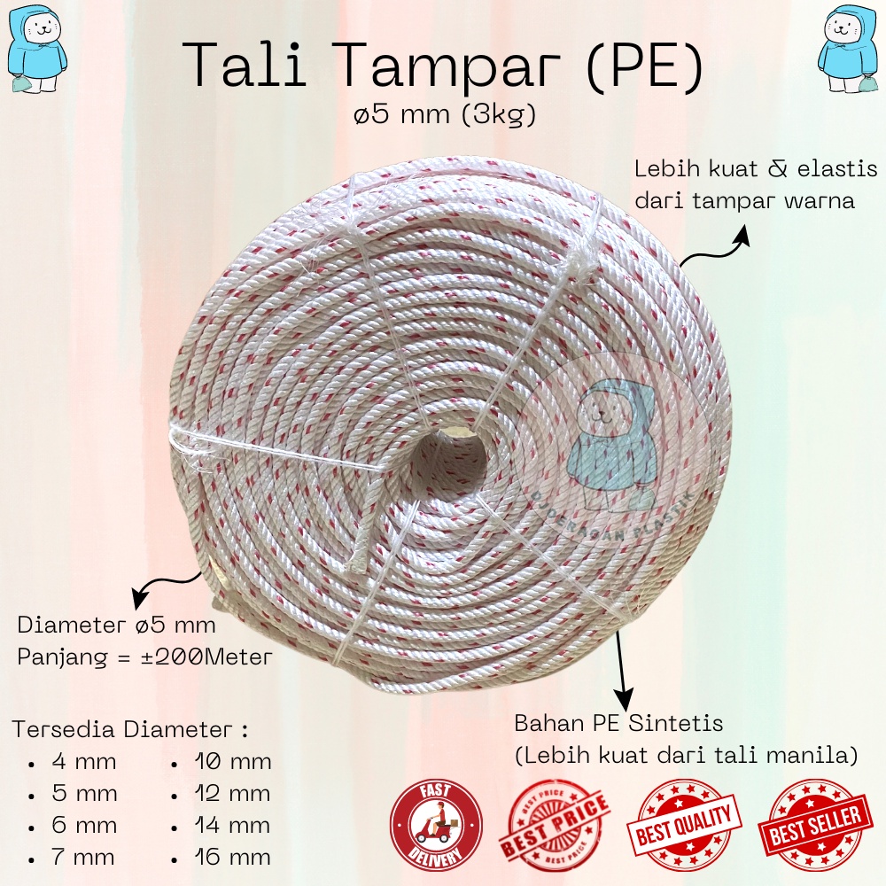 

[5mm x 200Meter] Tali Tambang Tampar Nilon Nylon PE Manila Putih Bercorak