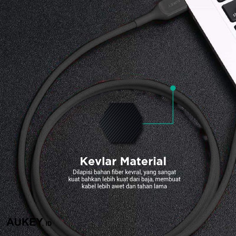 Aukey Cable Data CB-AKC2 USB A To USB C QC 2.0 Kevlar Cable 2M Black