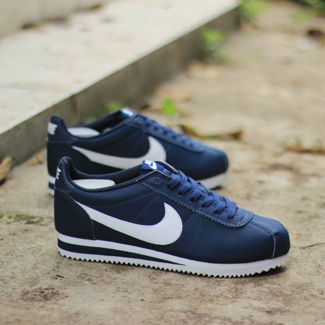Sepatu Fashion Nike Cortez Navy  Dongker Logo White Putih Original Murah
