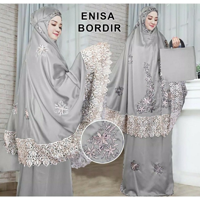 MUKENA- ENISA MUKENA DEWASA RENDA BORDIR JUMBO SITI KHADIJAH PASTELEENA TERBA - ABU-ABU -MUKENA.
