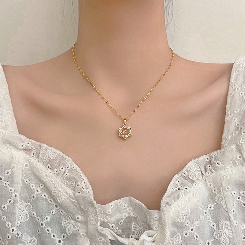 Kalung Titanium Wanita Bintang Beruntung Zircon Lapis Emas 18k Perhiasan