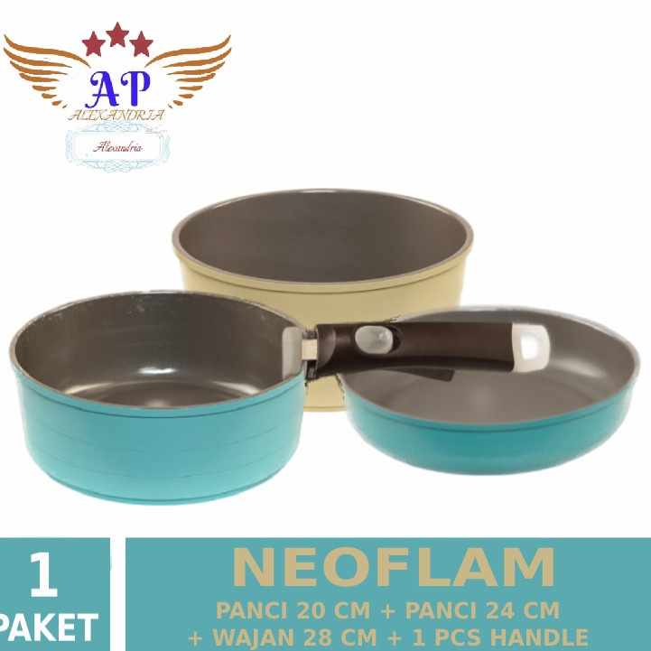 PAKET KOMPLIT NEOFLAM Panci 20 CM + 24 CM + WAJAN 28 CM + 1 Pcs Handle