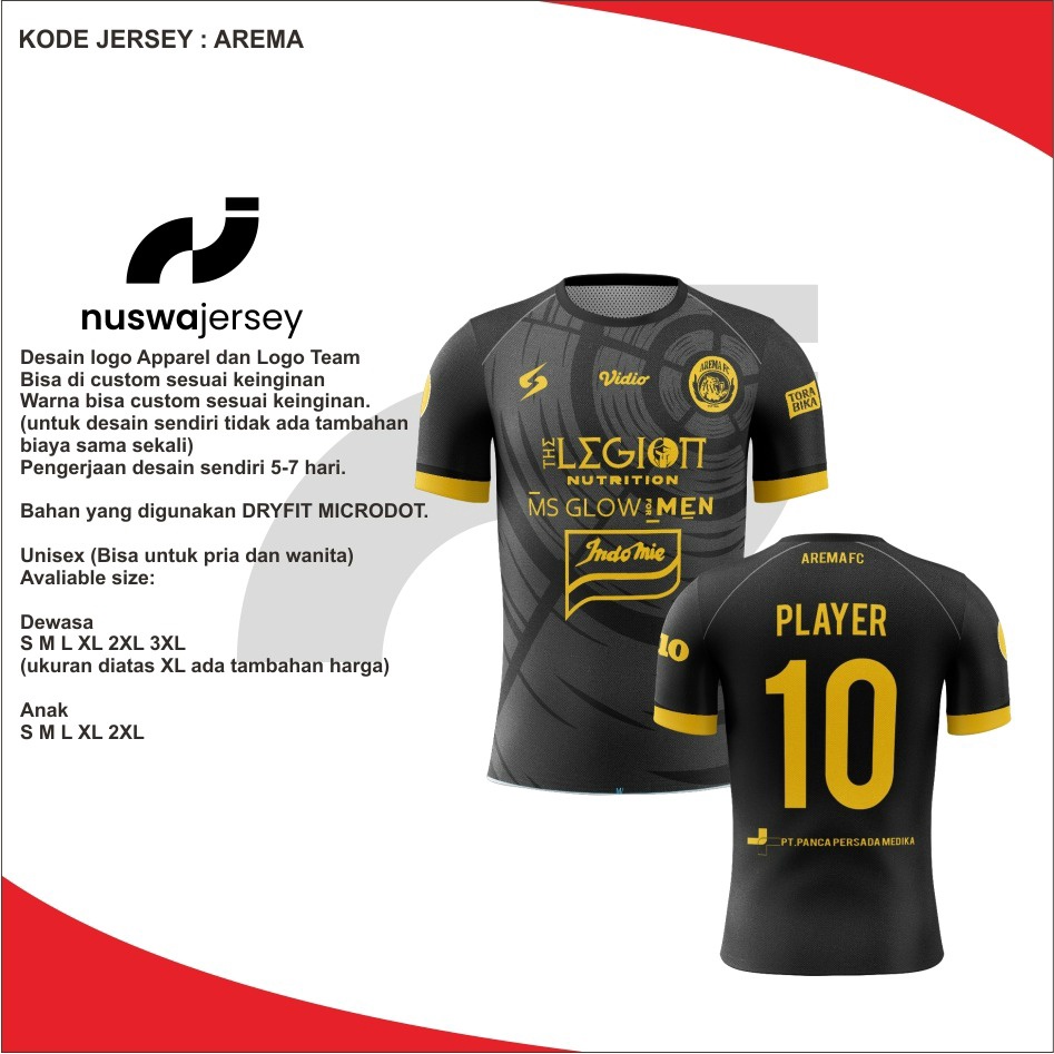 JERSEY BOLA AREMA HITAM | KAOS BOLA | FULL PRINTING | FREE NICKNAME