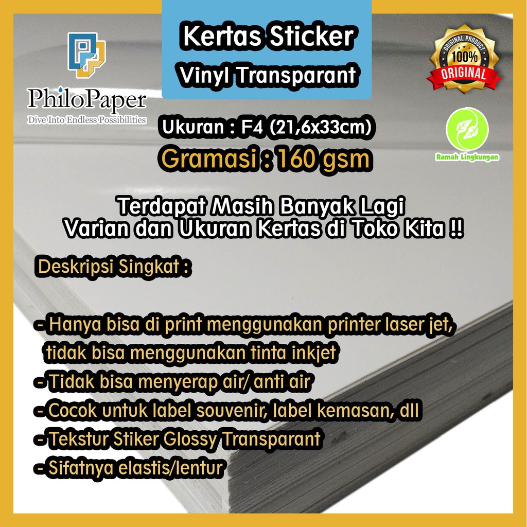 

Kertas Sticker Vinyl Transparan 160 Gsm F4