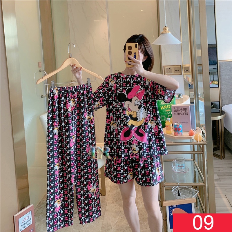 Baju Tidur Setelan Tiga Potong Celana Panjang + Pendek Piyama Wanita Dewasa 3 Potong pcs Kimono Lengan Pendek All Size Kimono Mickey Minnie Mouse