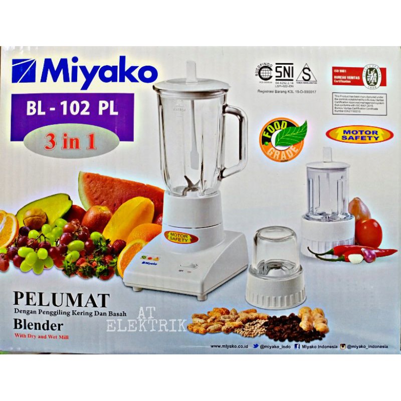 Blender Plastik MIYAKO BL 102 PL 3 IN 1 / Pelumat MIYAKO 3 in 1 ( Kapasitas 1 Liter )