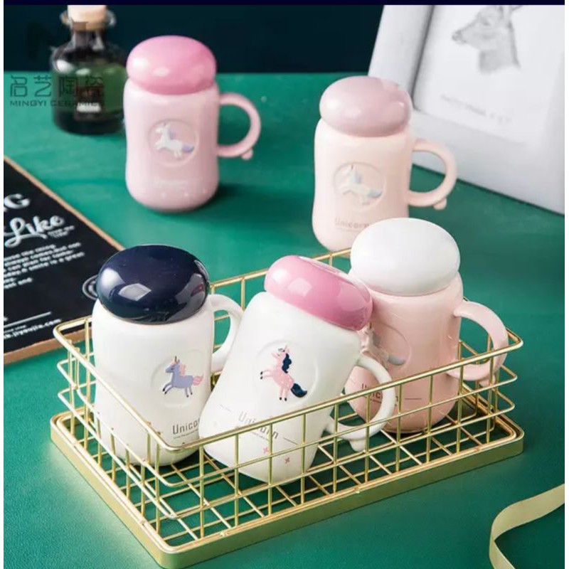 gelas mug cup unicorn dengan tutup keramik impor