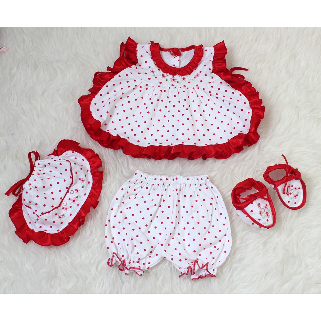 Set bayi dot besar 4in1/Setelan Baju Bayi Perempuan Premium/Setelan Bayi Dapat Sepatu