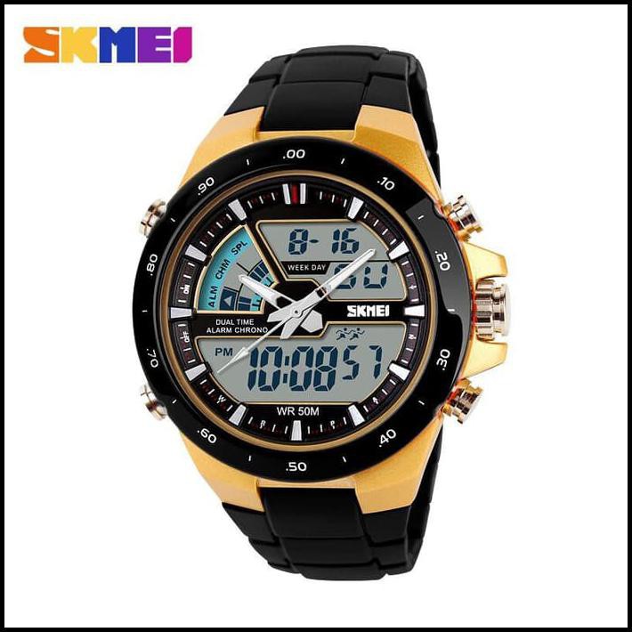 NOTED ASLI JAM TANGAN PRIA ORIGINAL SKMEI DUAL TIME ZONE DIGITAL 5 ATM WATERPROOF - EMAS 