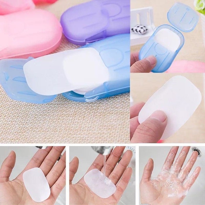 20Pcs SABUN KERTAS Cuci tangan free Kotak / Disposable Hand Washing Tablet Traveling Soap Paper