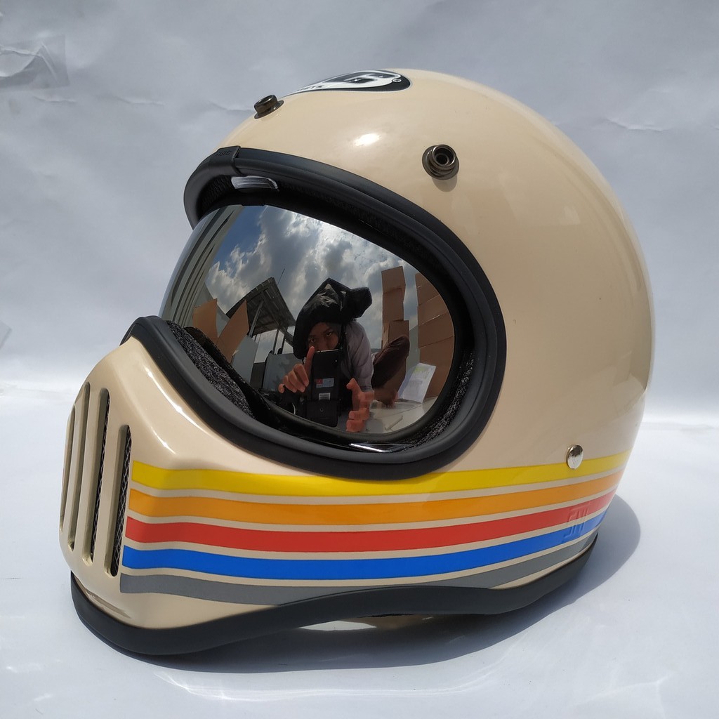 Helm Cakil HBC Stripe Cream Glossy + Inner Visor ( Fullface / Retro / Klasik / Vespa )