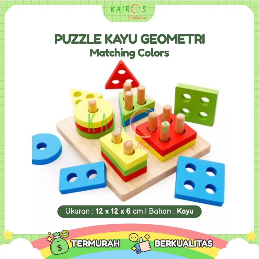 Mainan Kayu Edukasi Anak Menara Geometri Wooden Matching Color Montesori