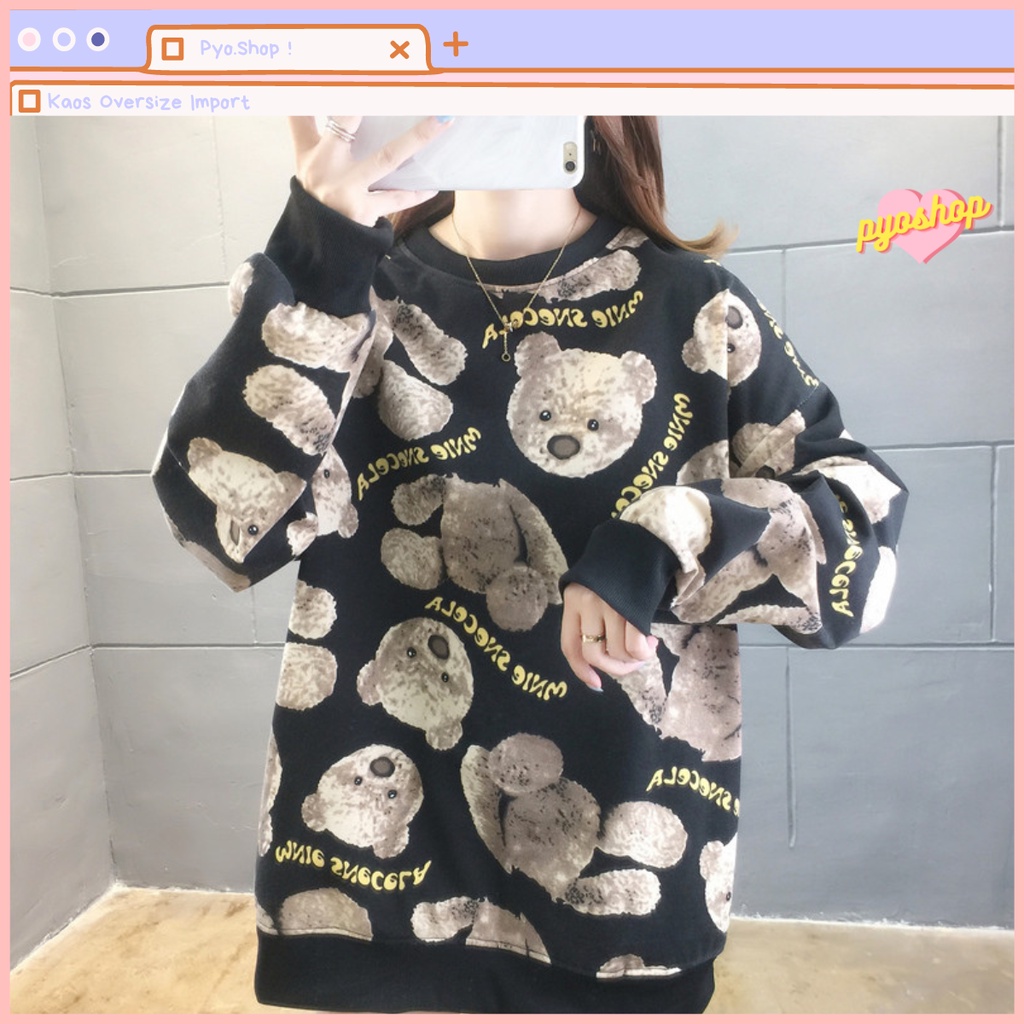 SWEATER Lengan Panjang Oversize Import Motif BEAR COKLAT