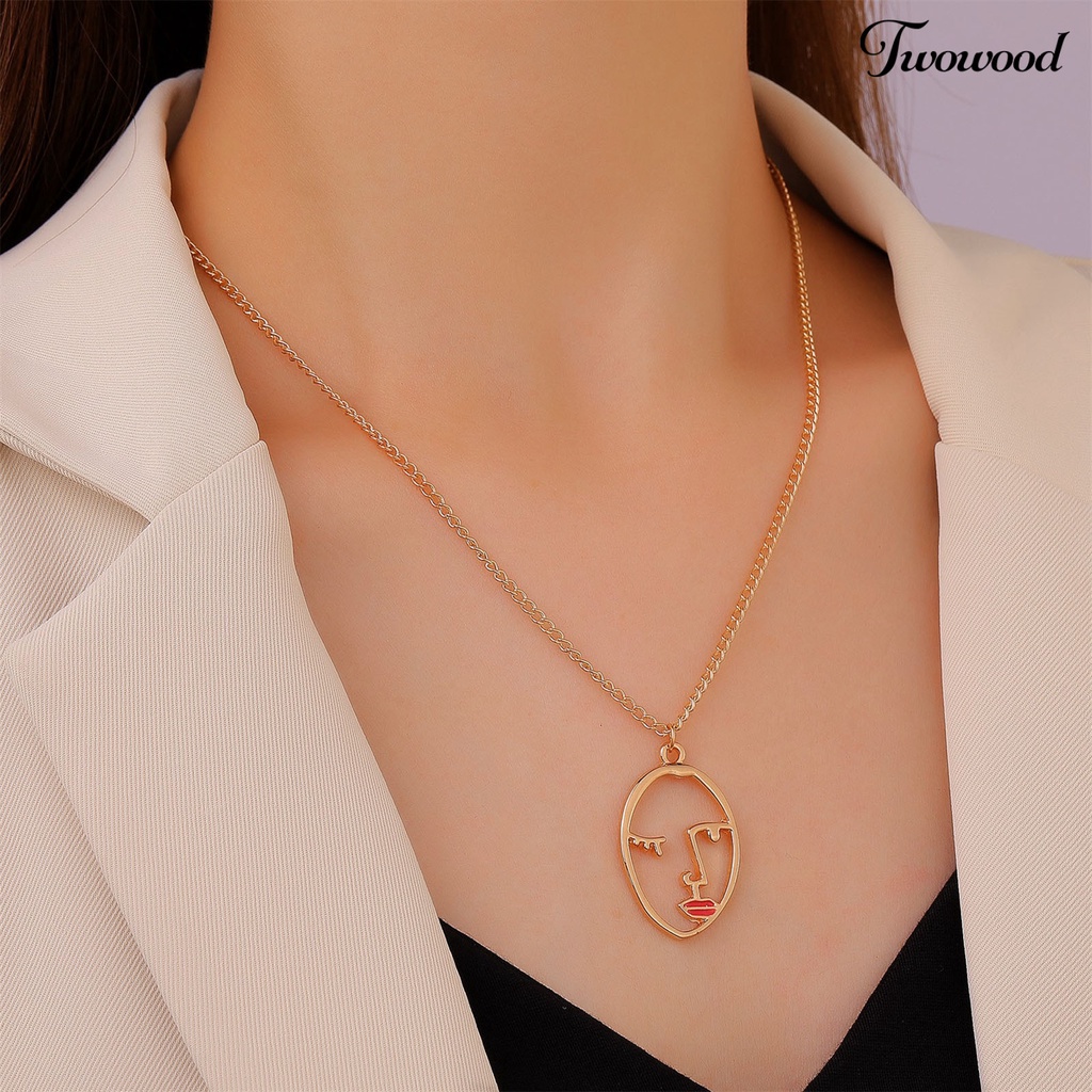 Twowood Hollow Abstract Face Pendant Clavicle Necklace Women Long Chain Sweater Necklace New Year Gift