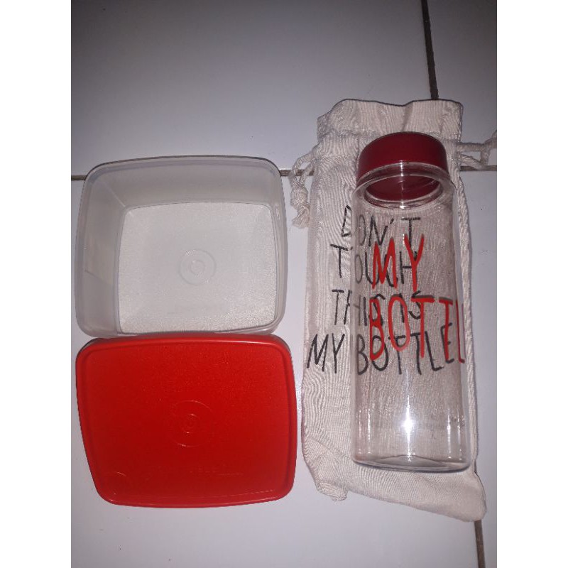 SALE TUPPERWARE TEMPAT KOTAK MAKAN SERBAGUNA 250 ML + BOTOL MINUM MY BOTTLE 500 ML WARNA MERAH