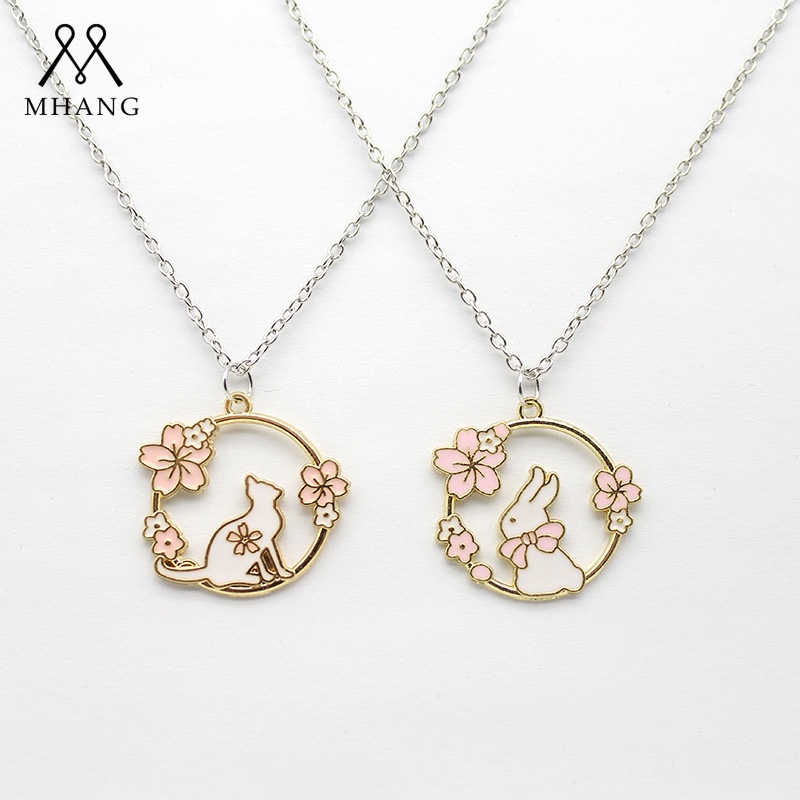 Kalung Rantai Dengan Liontin Kartun Kucingkelinci Hollow Out Warna Pink Untuk Wanita