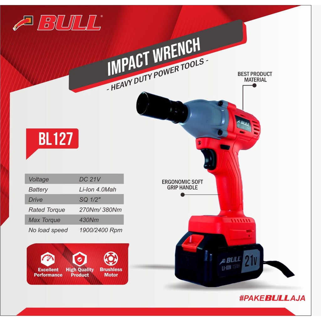 Mesin Cordless Impact Wrench 2 Baterai BULL 20V Set - Pembuka Baut Baterai BULL 20v