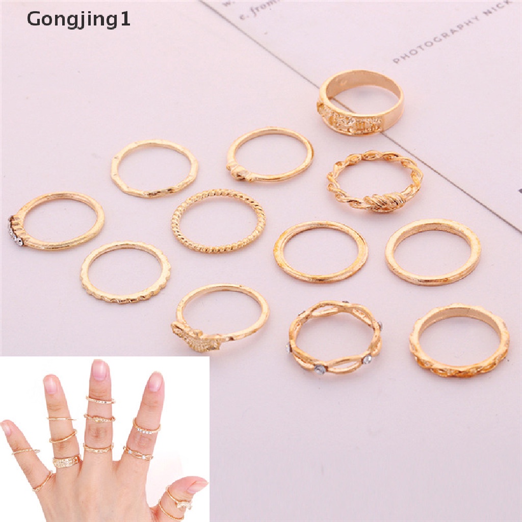 Gongjing1 12pcs / Set Cincin Buku Jari Aneka Bentuk Lapis Emas Gaya Vintage Punk Untuk Wanita