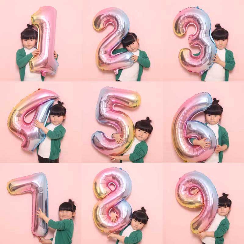 Angka Warna32 &quot;Baby Shower Gradient 0-9 Balon Foil Dekorasi Pesta