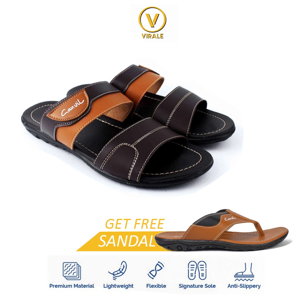 Sandal Selop Pria Distro Casual Murah Original GRATIS Sendal Jepit Pria Keren CVL 11 - CVL 01 TAN