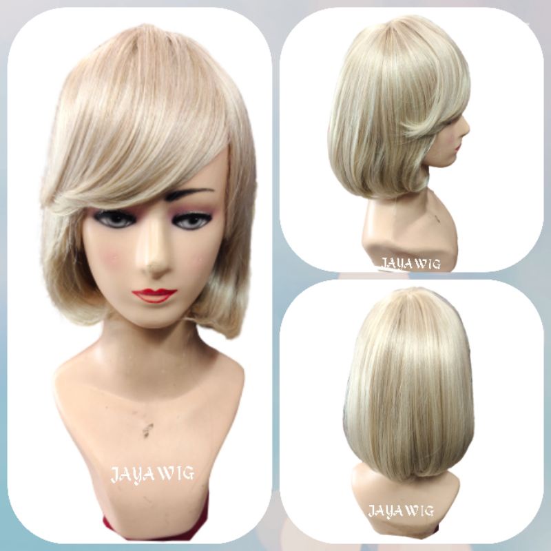 Wig Bob Pendek Poni Samping Warna Blonde Rambut Palsu Wanita Pendek Sedagu