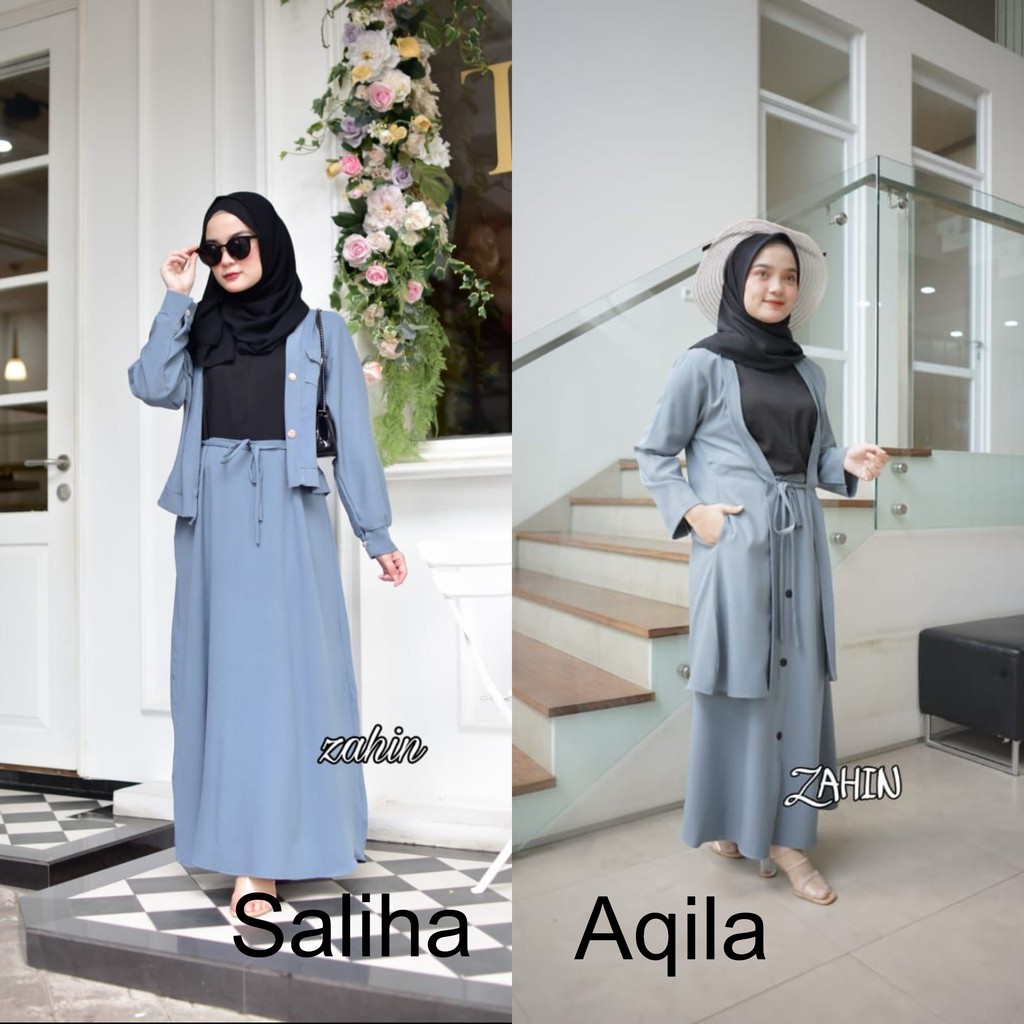 Set dress + outher aqila dan shaliha saliha ori zahin terbaru muslimah terkini ngajar kuliah baju seragam formal resmi