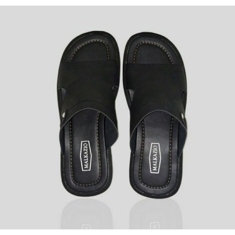 Sandal Casual Pria / Sendal Slide KULIT - Ukuran Besar Jumbo BIG SIZE 44 45 46 47, Hitam