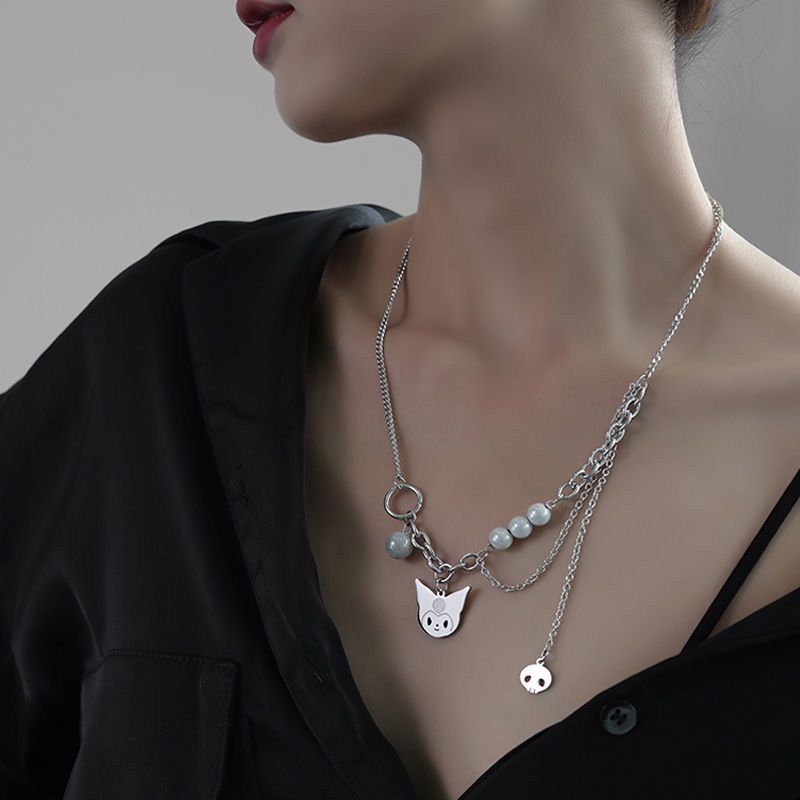 COD❤Kalung Kulomi Cat Reflektif Mutiara Mosaik Kalung Ringan Mewah Rantai Leher Multi-layer